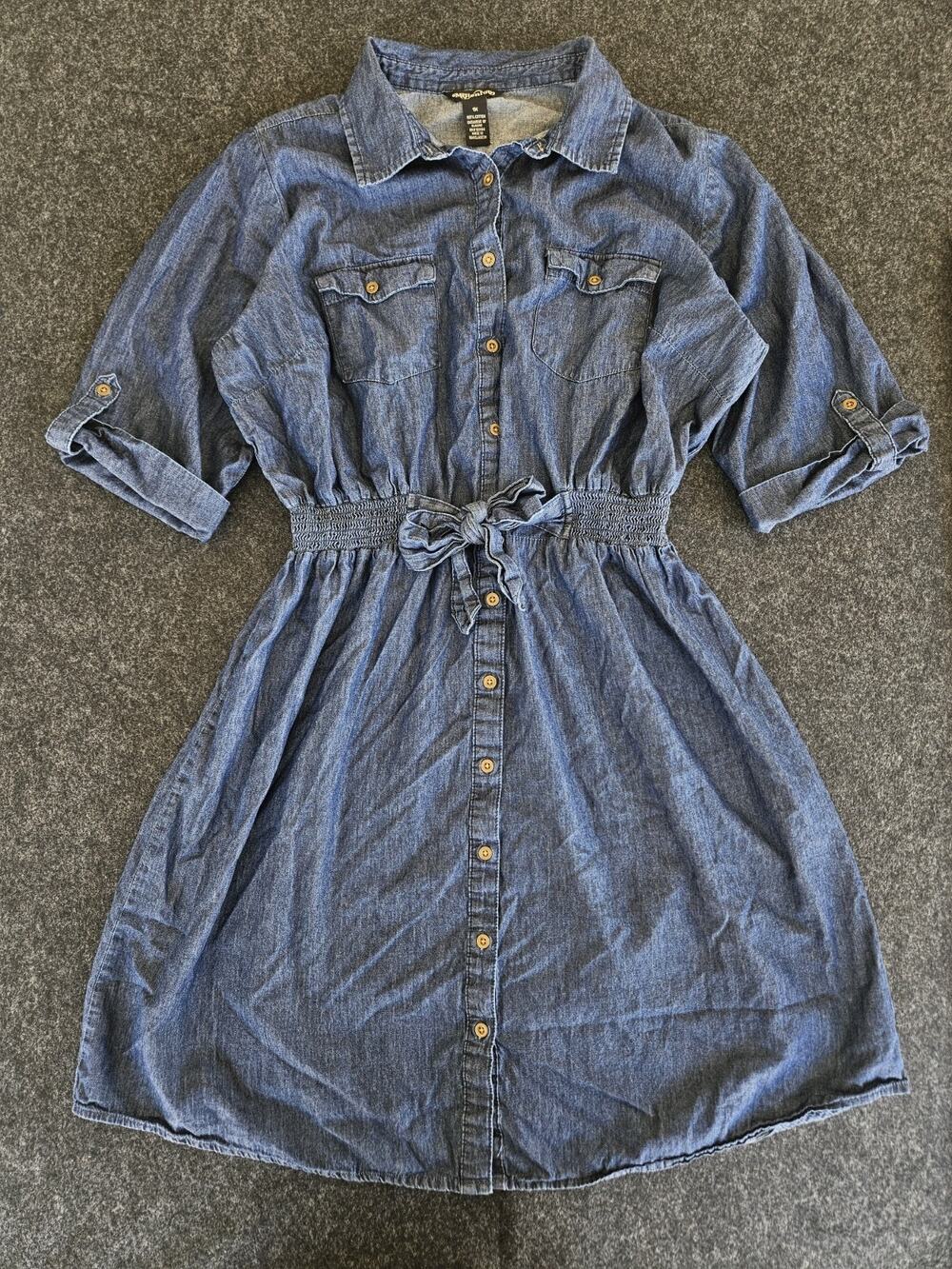 Millenium Denim Shirt Dress 1X Plus Blue Cotton Button Up Smocked Tie Waist